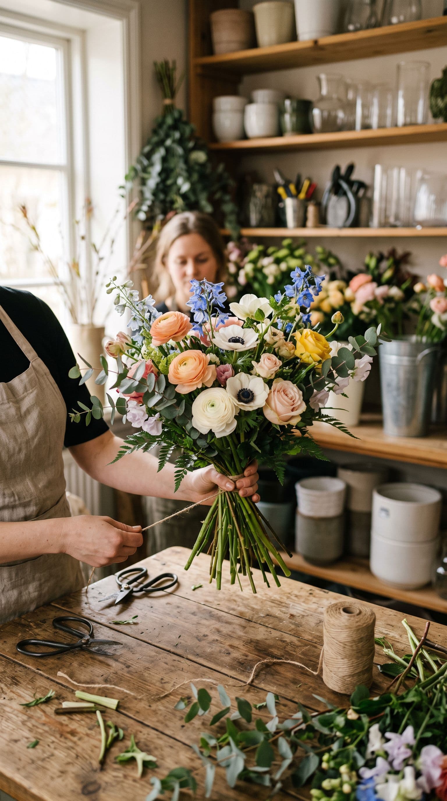 Färska blommor bundna till en bukett för hand på ett träbord i en blomsterbutik