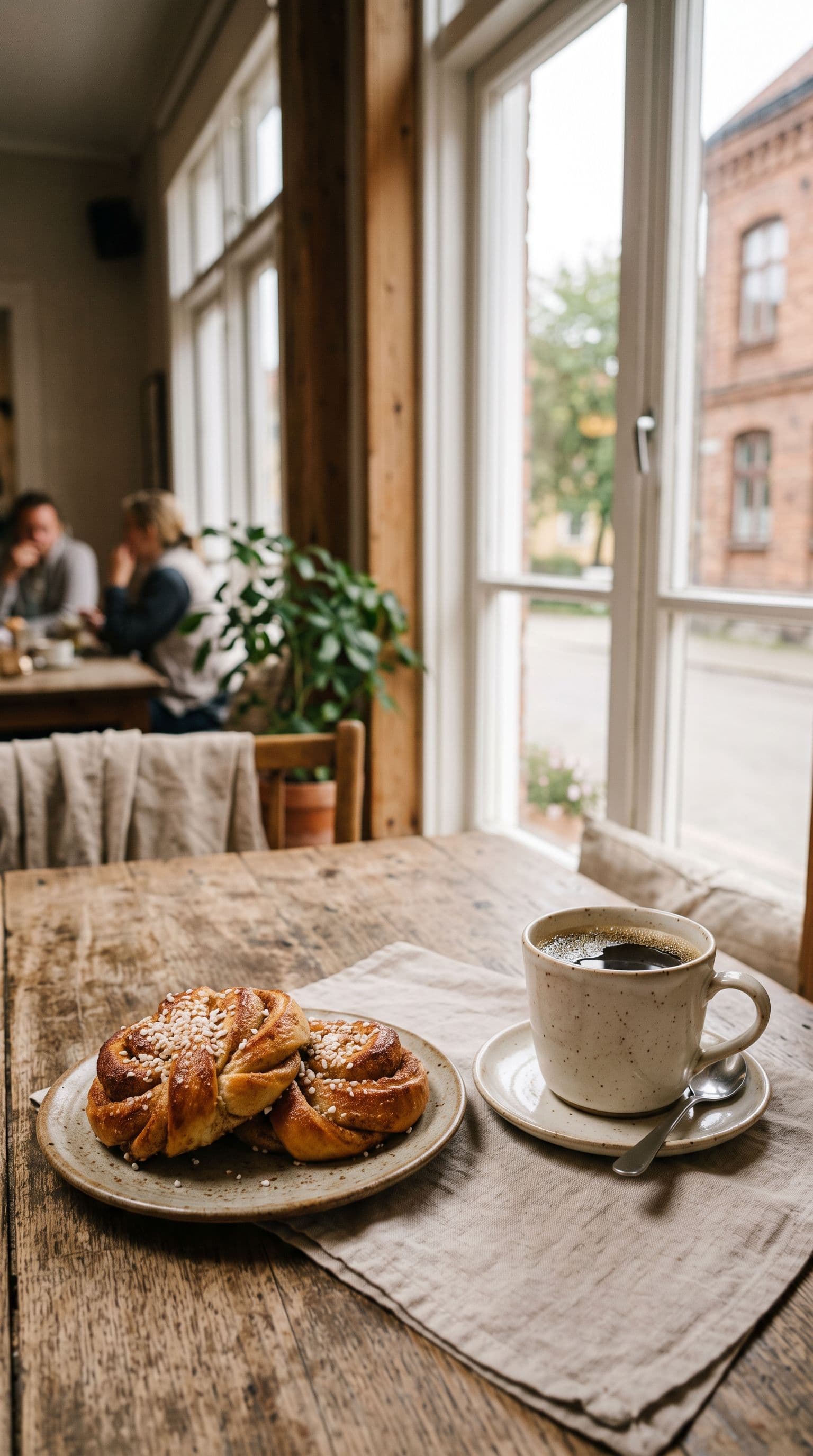 Kanelbullar och en kopp kaffe på ett träbord i fönsterljus